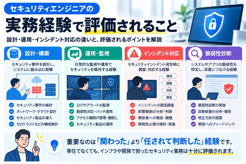 セキュリティエンジニアの実務経験を、設計・構築、運用・監視、インシデント対応、脆弱性診断の4領域に分け、転職で評価されるポイントを示した図解
