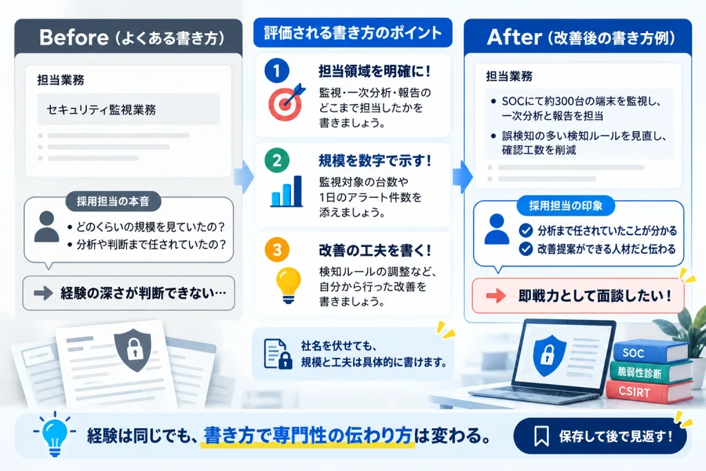 セキュリティエンジニアのスキルシートをBefore・Afterで比較し、担当領域・規模・改善の工夫を具体的に書くポイントを示した図解