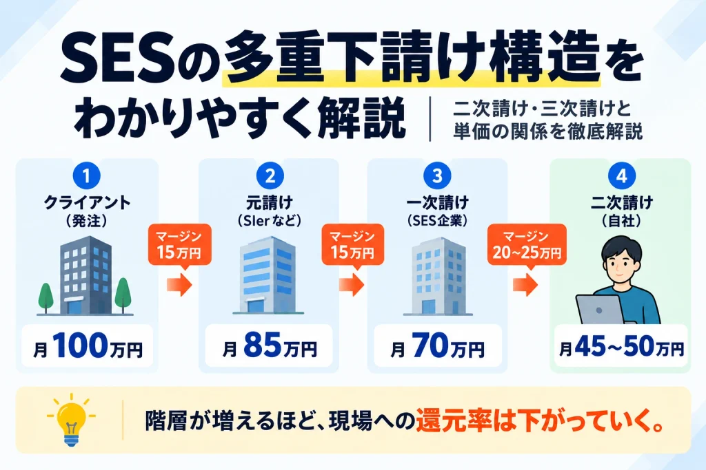 SESの多重下請け構造をクライアント・元請け・一次請け・二次請けの流れと単価例で示し、階層が増えるほど現場への還元率が下がる仕組みを解説した図解