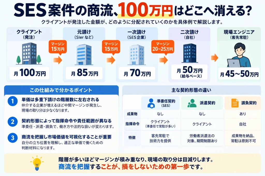 SES案件の商流で月100万円の契約金額が元請け・一次請け・二次請けを経て現場エンジニアへ還元される仕組みと、中間マージン・契約形態の違いを示した図解