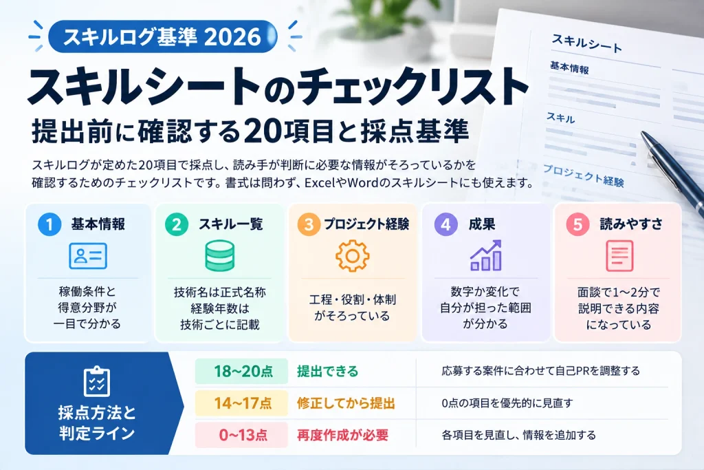 スキルシート提出前に確認する20項目を5つの観点で整理した図解。基本情報・スキル一覧・プロジェクト経験・成果・読みやすさの確認ポイントと、18点以上は提出可、14〜17点は修正後に提出、13点以下は全体の見直しが必要というスキルログ基準2026の採点方法を紹介。