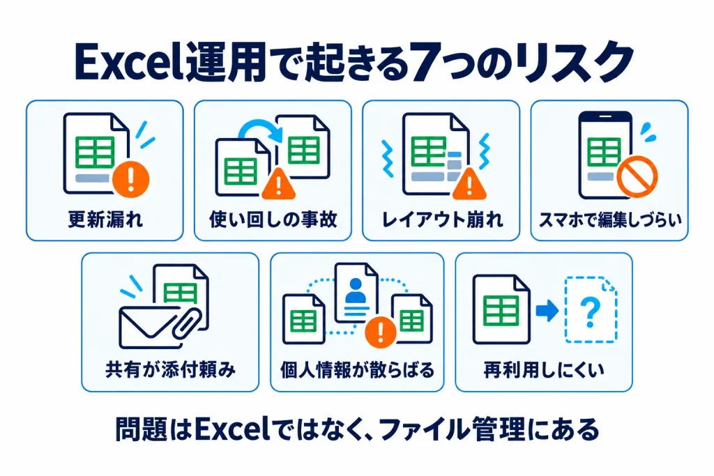スキルシートのExcel運用で起きる更新漏れや使い回し、レイアウト崩れなど7つのリスクをまとめた図解