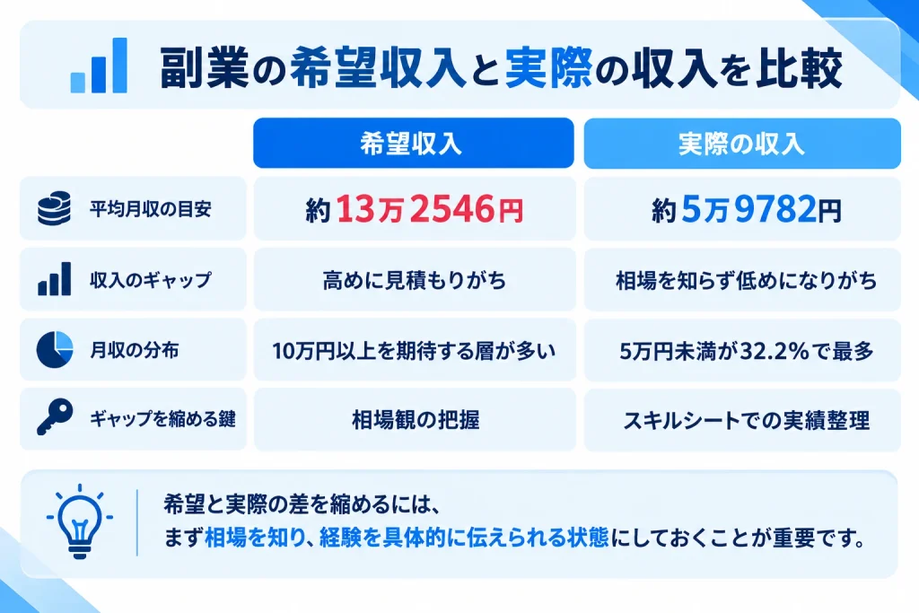 エンジニアの副業収入は平均月5〜6万円台が中心で、希望収入との差が7万円以上ある実態と、相場把握・実績整理の重要性をまとめた比較図解