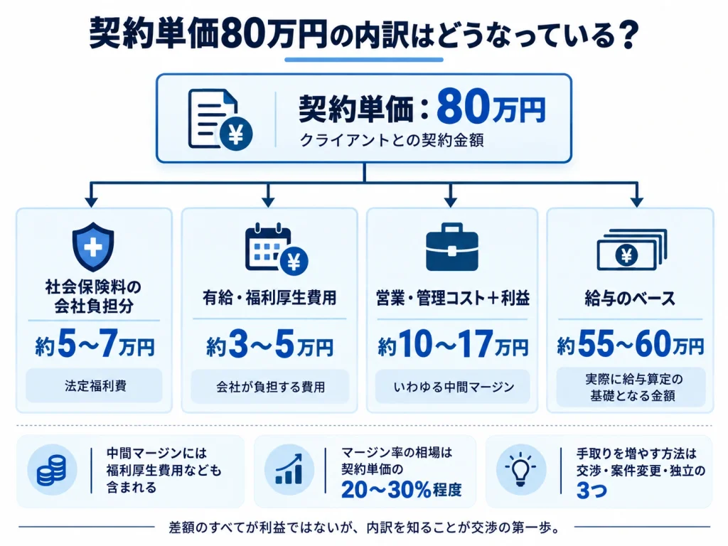 契約単価80万円の内訳として、社会保険料・福利厚生費・営業管理コスト・給与ベースを図解したSES中間マージンのイメージ