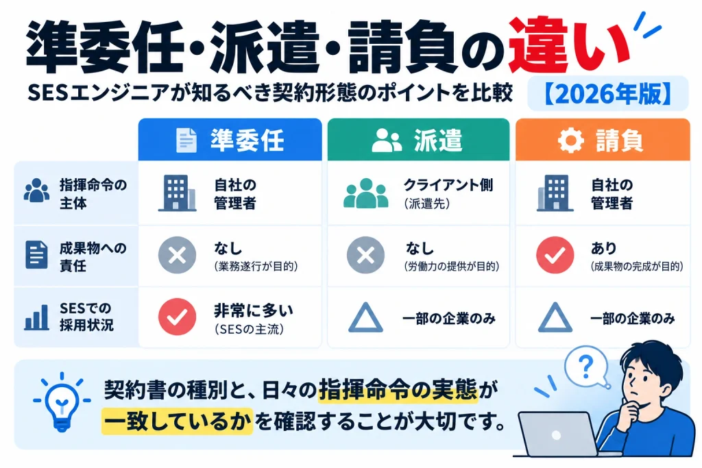 準委任・派遣・請負について、指揮命令の主体・成果物への責任・SESでの採用状況を比較し、契約内容と実際の働き方が一致しているか確認する重要性をまとめた図解