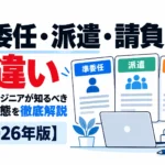 準委任・派遣・請負の違いをテーマに、3つの契約書カードとノートPCを配置したSESエンジニア向け2026年版の記事サムネイル