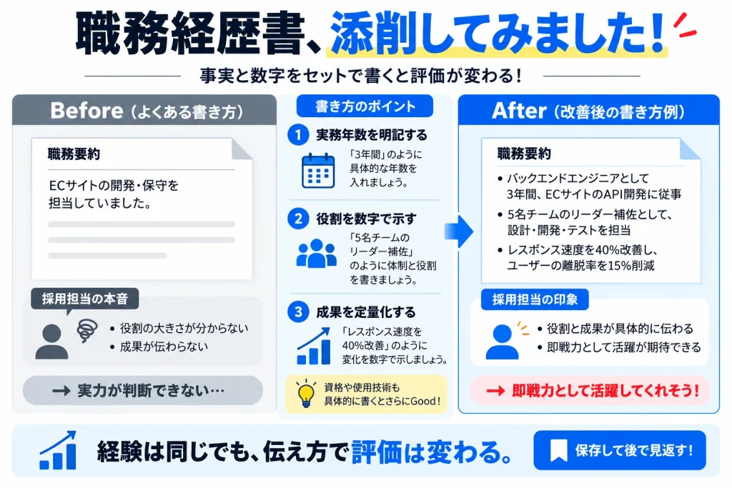 {
  "title": "エンジニアの職務経歴書の書き方完全ガイド｜見本7項目と書類選考で評価されるポイントを解説",
  "slug": "engineer-resume-writing-guide",
  "excerpt": "エンジニア 職務経歴書 書き方に悩むエンジニア向けに、スキルシートとの違いと基本7項目の構成、職務要約・プロジェクト実績・自己PRの具体的な見本を紹介します。転職活動での書類選考の通過率を高める書き方のコツが分かります。",
  "meta_title": "エンジニアの職務経歴書の書き方完全ガイド｜見本7項目と書類選考で評価されるポイントを解説",
  "meta_description": "エンジニア 職務経歴書 書き方に悩む方向けに、スキルシートとの違いから基本7項目の構成、職務要約・プロジェクト単位の実績・活かせるスキル・自己PRの見本まで解説。転職エージェントへ提出する前の注意点も紹介し、書類選考の通過率を高める具体的な書き方が分かります。",
  "focus_keyword": "エンジニア 職務経歴書 書き方",
  "fv_summary": "エンジニアの職務経歴書は、職務要約→プロジェクト単位の実績→活かせるスキル→自己PRの順に、成果を数字で示して書くと通過率が上がります。",
  "fv_points": [
    "職務経歴書とスキルシートは目的が違うため使い分けが必要",
    "職務要約は転職活動の第一印象を決める重要パート",
    "プロジェクト単位で成果を数字化すると評価されやすい"
  ],
  "hero_infographic_type": "before_after",
  "hero_infographic": {
    "title": "職務経歴書、添削してみました！",
    "callout": "事実と数字をセットで書くと評価が変わる！",
    "before_title": "Before（よくある書き方）",
    "before_fields": [
      {
        "label": "職務要約",
        "text": "ECサイトの開発・保守を担当していました"
      }
    ],
    "before_voice_title": "採用担当の本音",
    "before_voice_points": [
      "役割の大きさが分からない",
      "成果が伝わらない"
    ],
    "before_conclusion": "→ 実力が判断できない…",
    "tips": [
      {
        "heading": "実務年数を明記する",
        "body": "「3年間」のように具体的な年数を入れましょう。"
      },
      {
        "heading": "役割を数字で示す",
        "body": "「5名チームのリーダー補佐」のように体制と役割を書きましょう。"
      },
      {
        "heading": "成果を定量化する",
        "body": "「レスポンス速度を40%改善」のように変化を数字で示しましょう。"
      }
    ],
    "tip_hint": "資格や使用技術も具体的に書くとさらにGood！",
    "after_title": "After（改善後の書き方例）",
    "after_fields": [
      {
        "label": "職務要約",
        "bullets": [
          "バックエンドエンジニアとして3年間、ECサイトのAPI開発に従事"
        ]
      }
    ],
    "after_voice_title": "採用担当の印象",
    "after_voice_points": [
      "役割と成果が具体的に伝わる"
    ],
    "after_conclusion": "→ 即戦力として活躍してくれそう！",
    "footer_text": "経験は同じでも、伝え方で評価は変わる。",
    "footer_cta": "保存して後で見返す！"
  },
  "hero_image_alt": "エンジニアの職務経歴書の書き方を示すイメージ",
  "section_images": [],
  "categories": [
    "キャリア",
    "IT転職"
  ],
  "tags": [
    "エンジニア 職務経歴書 書き方",
    "職務経歴書",
    "スキルシート",
    "転職活動",
    "自己PR"
  ],
  "content": "<div class=\"article-fv-summary\" style=\"margin:20px 0 24px;padding:22px 24px;background:#eff6ff;border:1px solid #bfdbfe;border-left:5px solid #2563eb;border-radius:12px;\"><p style=\"margin:0 0 10px;font-size:13px;font-weight:700;letter-spacing:.08em;color:#2563eb;\">この記事の結論</p><p style=\"margin:0;font-size:17px;line-height:1.8;color:#1e3a5f;font-weight:700;\">エンジニアの職務経歴書は、職務要約→プロジェクト単位の実績→活かせるスキル→自己PRの順に、成果を数字で示して書くと通過率が上がります。</p><ul style=\"margin:16px 0 0;padding-left:22px;font-size:15px;line-height:1.9;color:#334155;\"><li>職務経歴書とスキルシートは目的が違うため使い分けが必要</li><li>職務要約は転職活動の第一印象を決める重要パート</li><li>プロジェクト単位で成果を数字化すると評価されやすい</li></ul></div>\n\n<p style=\"font-size:13px;color:#6b7280;margin-bottom:8px;\">📖 読了時間：約12分</p>\n\n<p style=\"margin:0 0 20px 0;line-height:1.9;\">職務経歴書を書いても、なぜか書類選考がなかなか通過しない。そんな悩みを抱えるエンジニアは少なくありません。</p>\n\n<p style=\"margin:0 0 20px 0;line-height:1.9;\">結論から言うと、エンジニアの職務経歴書は「職務要約→プロジェクト単位の実績→活かせる経験・スキル→自己PR」の順に、成果を数字で示して書くことで通過率が上がります。</p>\n\n<p style=\"margin:0 0 20px 0;line-height:1.9;\">例えば職務要約なら「バックエンドエンジニアとして3年間、ECサイトのAPI開発に従事。5名チームのリーダー補佐として、レスポンス速度を40%改善した実績があります。」のように、実務年数・役割・具体的な成果を3〜4行に凝縮するのが効果的です。</p>\n\n<p style=\"margin:0 0 20px 0;line-height:1.9;\">なぜこの型が評価されるのか、職務経歴書とスキルシートの違いも含めて以下で詳しく解説します。</p>\n\n<div style=\"margin-top:32px;margin-bottom:24px;padding:24px;background-color:#fef3f2;border-left:4px solid #ef4444;border-radius:8px;\">\n<p style=\"font-size:16px;line-height:1.6;color:#333;\"><strong>こんな悩みはありませんか</strong></p>\n<ul style=\"font-size:16px;line-height:1.6;color:#333;margin-top:12px;padding-left:24px;\">\n<li>職務経歴書に何を書けばいいか分からない</li>\n<li>職務経歴書とスキルシートの違いがよく分からない</li>\n<li>書類選考でなかなか通過できない</li>\n<li>自己PRで自分の強みをうまく言語化できない</li>\n</ul>\n</div>\n\n<div style=\"margin-top:32px;margin-bottom:24px;padding:24px;background-color:#f9fafb;border-left:4px solid #06c755;border-radius:8px;\">\n<p style=\"font-size:16px;line-height:1.6;color:#333;\"><strong>この記事で分かること</strong></p>\n<ul style=\"font-size:16px;line-height:1.6;color:#333;margin-top:12px;padding-left:24px;\">\n<li>職務経歴書とスキルシートの根本的な違いと使い分け方</li>\n<li>エンジニアの職務経歴書の基本構成と書く順番</li>\n<li>職務要約とプロジェクト実績の具体的な書き方</li>\n<li>活かせる経験・スキルと自己PRのまとめ方</li>\n<li>転職エージェントへ提出する前に整えるポイント</li>\n</ul>\n</div>\n\n<p style=\"margin:0 0 20px 0;line-height:1.9;\">この記事を読めば、職務経歴書とスキルシートの違いから見本まで一通り分かります。まずは無料でスキルログに登録し、自分の経歴を整理するところから始めてみましょう。</p>\n\n<div style=\"clear:both;display:flex;justify-content:center;align-items:center;gap:12px;flex-wrap:wrap;margin:32px 0;padding:8px 0;line-height:1.6;\"><a href=\"https://skilllog.jp/users/sign_up?utm_source=blog&utm_medium=article&utm_campaign=engineer-resume-writing-guide\" style=\"background:#2563eb;color:#ffffff;padding:14px 28px;border-radius:8px;text-decoration:none;font-weight:700;text-align:center;white-space:nowrap;display:inline-block;line-height:1.4;\">スキルを整理して登録する</a><a href=\"#skilllog-consultation\" style=\"background:#06c755;color:#ffffff;padding:14px 28px;border-radius:8px;text-decoration:none;font-weight:700;text-align:center;white-space:nowrap;display:inline-block;line-height:1.4;\">転職・案件相談をする</a></div>\n\n<div style=\"margin-top:48px;margin-bottom:24px;\">\n<h2 style=\"font-size:32px;font-weight:700;border-left:6px solid #2563eb;padding-left:16px;line-height:1.5;\">職務経歴書とスキルシートの違いと使い分け</h2>\n</div>\n\n<div style=\"background:#eff6ff;border-left:4px solid #2563eb;padding:16px 20px;border-radius:6px;margin-bottom:24px;\">\n<p style=\"margin:0;font-size:15px;line-height:1.7;color:#1e3a5f;\">職務経歴書は転職活動全般で使う「経歴の証明書」、スキルシートはSES・フリーランス案件で使う「案件アピール資料」です。両方が必要な人は、まず経歴を整理し、そこから案件ごとに情報を絞り込んでスキルシートへ転用するのが効率的です。</p>\n</div>\n\n<h3>職務経歴書とは何か</h3>\n\n<p style=\"margin:0 0 20px 0;line-height:1.9;\">職務経歴書とは、これまでの職歴・実務経験・スキルを企業や転職エージェントに伝えるための書類です。</p>\n\n<p style=\"margin:0 0 20px 0;line-height:1.9;\">正社員・契約社員としての転職活動では、履歴書とあわせてほぼ必須で提出を求められます。</p>\n\n<p style=\"margin:0 0 20px 0;line-height:1.9;\">一方で、SESや業務委託で案件に参画する場合は、企業へ職務経歴書ではなく<a href=\"https://skilllog.jp/blog/2026/07/14/skill-sheet-what-is/\" style=\"color:#2563eb;text-decoration:underline;\">スキルシートとは｜エンジニアが知るべき基本・書き方・活用術【2026年最新】</a>で解説しているスキルシートの提出を求められることが多く、書類の使い分けを理解していないと準備の手戻りが発生します。</p>\n\n<h3>スキルシートとの3つの違い</h3>\n\n<p style=\"margin:0 0 20px 0;line-height:1.9;\">この2つの書類は似ているようで、提出先・目的・更新頻度が異なります。次の比較表で整理します。</p>\n\n<table style=\"width:100%;border-collapse:collapse;margin:24px 0;\">\n<tr><th style=\"border:1px solid #ddd;padding:12px;background:#1e40af;color:#ffffff;font-weight:700;text-align:left;\">項目</th><th style=\"border:1px solid #ddd;padding:12px;background:#1e40af;color:#ffffff;font-weight:700;text-align:left;\">職務経歴書</th><th style=\"border:1px solid #ddd;padding:12px;background:#1e40af;color:#ffffff;font-weight:700;text-align:left;\">スキルシート</th></tr>\n<tr><td style=\"border:1px solid #ddd;padding:12px;background:#ffffff;\">主な提出先</td><td style=\"border:1px solid #ddd;padding:12px;background:#ffffff;\">転職エージェント・応募企業</td><td style=\"border:1px solid #ddd;padding:12px;background:#ffffff;\">SES企業・案件先クライアント</td></tr>\n<tr><td style=\"border:1px solid #ddd;padding:12px;background:#f8fafc;\">目的</td><td style=\"border:1px solid #ddd;padding:12px;background:#f8fafc;\">経歴全体を証明し人柄も伝える</td><td style=\"border:1px solid #ddd;padding:12px;background:#f8fafc;\">特定案件への適性をアピールする</td></tr>\n<tr><td style=\"border:1px solid #ddd;padding:12px;background:#ffffff;\">フォーマット</td><td style=\"border:1px solid #ddd;padding:12px;background:#ffffff;\">比較的定型的</td><td style=\"border:1px solid #ddd;padding:12px;background:#ffffff;\">案件ごとにカスタマイズが前提</td></tr>\n<tr><td style=\"border:1px solid #ddd;padding:12px;background:#f8fafc;\">更新頻度</td><td style=\"border:1px solid #ddd;padding:12px;background:#f8fafc;\">転職活動のタイミングごと</td><td style=\"border:1px solid #ddd;padding:12px;background:#f8fafc;\">案件提案のたびに調整</td></tr>\n</table>\n\n<p style=\"margin:0 0 20px 0;line-height:1.9;\">表の通り、前者は「人物と経歴の証明」、スキルシートは「案件への適性証明」という役割の違いがあります。より詳しい違いは<a href=\"https://skilllog.jp/blog/2026/07/12/skill-sheet-vs-resume-for-engineers/\" style=\"color:#2563eb;text-decoration:underline;\">スキルシートと職務経歴書の違い｜エンジニアが知るべき使い分け方【2026年最新】</a>でも解説しているので、あわせて確認してください。</p>\n\n<p style=\"margin:0 0 20px 0;line-height:1.9;\">実際の相談では、スキルシートは作り込んでいても職務経歴書が手つかずというエンジニアが多く、正社員転職を検討し始めたタイミングで慌てて作成するケースをよく見かけます。</p>\n\n<div style=\"margin-top:48px;margin-bottom:24px;\">\n<h2 style=\"font-size:32px;font-weight:700;border-left:6px solid #2563eb;padding-left:16px;line-height:1.5;\">エンジニアの職務経歴書の基本構成</h2>\n</div>\n\n<div style=\"background:#eff6ff;border-left:4px solid #2563eb;padding:16px 20px;border-radius:6px;margin-bottom:24px;\">\n<p style=\"margin:0;font-size:15px;line-height:1.7;color:#1e3a5f;\">基本構成は「職務要約→職歴→プロジェクト経験→活かせる経験・スキル→資格→自己PR→本人希望欄」の7項目です。この順番で書くことで、採用担当者は短時間で経歴を把握できます。</p>\n</div>\n\n<h3>基本7項目</h3>\n\n<p style=\"margin:0 0 20px 0;line-height:1.9;\">まず全体の型を押さえましょう。7項目それぞれの役割を理解して書くと、抜け漏れのない書類になります。</p>\n\n<div style=\"margin:24px 0;padding:20px;background:#f8fafc;border-radius:8px;\">\n<p><strong>基本7項目とその役割</strong></p>\n<ul>\n<li>職務要約：経歴全体を3〜4行で要約</li>\n<li>職歴：会社名・在籍期間・雇用形態を時系列で記載</li>\n<li>プロジェクト経験：担当案件ごとの詳細</li>\n<li>活かせる経験・スキル：技術スキルとポータブルスキル</li>\n<li>資格：業務に関連する保有資格</li>\n<li>自己PR：技術と成果を結びつけた強みの説明</li>\n<li>本人希望欄：勤務条件や希望職種</li>\n</ul>\n</div>\n\n<h3>書く順番の考え方</h3>\n\n<p style=\"margin:0 0 20px 0;line-height:1.9;\">採用担当者は1通あたり数十秒〜数分しか目を通しません。そのため、最も重要な職務要約とプロジェクト経験を先に、詳細な条件面は後ろに置く順番が鉄則です。</p>\n\n<p style=\"margin:0 0 20px 0;line-height:1.9;\">一方で、よくある失敗は職歴の羅列だけで終わり、成果や役割の記載が薄いパターンです。会社名と在籍期間だけを並べても、採用担当者には実力が伝わりません。</p>\n\n<p style=\"margin:0 0 20px 0;line-height:1.9;\">実際の相談事例として、SES3年目のエンジニアが「担当システムの保守運用」としか書いていなかったケースでは、担当規模やチーム内での役割を追記しただけで書類通過率が明らかに改善しました。</p>\n\n<div style=\"margin-top:48px;margin-bottom:24px;\">\n<h2 style=\"font-size:32px;font-weight:700;border-left:6px solid #2563eb;padding-left:16px;line-height:1.5;\">職務要約の書き方</h2>\n</div>\n\n<div style=\"background:#eff6ff;border-left:4px solid #2563eb;padding:16px 20px;border-radius:6px;margin-bottom:24px;\">\n<p style=\"margin:0;font-size:15px;line-height:1.7;color:#1e3a5f;\">職務要約は、書類全体の冒頭3〜4行で、採用担当者が最初に読む部分です。実務年数・得意領域・強みの3要素を凝縮して書くことで、続きを読んでもらえる第一印象を作れます。</p>\n</div>\n\n<h3>職務要約に入れる3要素</h3>\n\n<p style=\"margin:0 0 20px 0;line-height:1.9;\">職務要約には「実務年数」「得意領域」「強み」の3要素を必ず盛り込みます。抽象的な自己紹介ではなく、具体的な事実を並べることが重要です。</p>\n\n<h3>職種別の記入例</h3>\n\n<p style=\"margin:0 0 20px 0;line-height:1.9;\">例えばフロントエンドエンジニアなら「Webエンジニアとして4年間、React/TypeScriptを用いたSPA開発に従事。UI改善提案からリリースまで一貫して担当し、直近ではページ表示速度を30%改善しました。」のように書きます。</p>\n\n<h3>よくある失敗</h3>\n\n<p style=\"margin:0 0 20px 0;line-height:1.9;\">「真面目に取り組んできました」「コミュニケーションを大切にしています」のような抽象的な表現だけで終える書き方はよくある失敗です。事実と数字を伴わない自己評価は、採用担当者の印象に残りません。</p>\n\n<p style=\"margin:0 0 20px 0;line-height:1.9;\"><a href=\"https://skilllog.jp/?utm_source=blog&utm_medium=body_link&utm_campaign=engineer-resume-writing-guide\" style=\"color:#2563eb;text-decoration:underline;\">スキルログ</a>の相談では、職務要約に具体的な数字を1つ加えるだけで書類通過率が変わったという声が多く寄せられています。</p>\n\n<div style=\"clear:both;display:flex;justify-content:center;align-items:center;gap:12px;flex-wrap:wrap;margin:32px 0;padding:8px 0;line-height:1.6;\"><a href=\"https://skilllog.jp/users/sign_up?utm_source=blog&utm_medium=article&utm_campaign=engineer-resume-writing-guide\" style=\"background:#2563eb;color:#ffffff;padding:14px 28px;border-radius:8px;text-decoration:none;font-weight:700;text-align:center;white-space:nowrap;display:inline-block;line-height:1.4;\">今すぐ市場価値を確認する</a><a href=\"#skilllog-consultation\" style=\"background:#06c755;color:#ffffff;padding:14px 28px;border-radius:8px;text-decoration:none;font-weight:700;text-align:center;white-space:nowrap;display:inline-block;line-height:1.4;\">転職・案件相談をする</a></div>\n\n<div style=\"margin-top:48px;margin-bottom:24px;\">\n<h2 style=\"font-size:32px;font-weight:700;border-left:6px solid #2563eb;padding-left:16px;line-height:1.5;\">職務経歴（プロジェクト単位）の書き方</h2>\n</div>\n\n<div style=\"background:#eff6ff;border-left:4px solid #2563eb;padding:16px 20px;border-radius:6px;margin-bottom:24px;\">\n<p style=\"margin:0;font-size:15px;line-height:1.7;color:#1e3a5f;\">プロジェクト経験は「期間・体制・役割・使用技術・成果」の5項目を1セットにして、案件ごとに書くのが基本です。成果は可能な限り数字で示すことで説得力が増します。</p>\n</div>\n\n<h3>プロジェクトごとに書く5項目</h3>\n\n<p style=\"margin:0 0 20px 0;line-height:1.9;\">1つのプロジェクトにつき、期間・体制（人数・自分の立場）・担当役割・使用技術・成果の5項目をセットで記載します。箇条書きでも構いません。</p>\n\n<h3>成果を数字で示す書き方</h3>\n\n<p style=\"margin:0 0 20px 0;line-height:1.9;\">React経験1年のエンジニアの事例では、「画面のコンポーネント化を主導し、開発工数を月20時間削減」のように、担当範囲と数字を組み合わせて書いたところ、面談で評価されるようになりました。</p>\n\n<h3>数字にできない成果の書き方</h3>\n\n<p style=\"margin:0 0 20px 0;line-height:1.9;\">保守運用や仕様調整のように数字化しにくい業務は、「障害対応の一次切り分けを担当し、平均対応時間を短縮」のように、担った役割と変化を具体的な行動で示すと伝わりやすくなります。</p>\n\n<p style=\"margin:0 0 20px 0;line-height:1.9;\">プロジェクト経験の書き方は、案件アピール用のスキルシートでも共通する考え方です。より詳しい記載例は<a href=\"https://skilllog.jp/blog/2026/09/13/skill-sheet-writing-guide-complete/\" style=\"color:#2563eb;text-decoration:underline;\">【見本あり】エンジニアのスキルシートの書き方完全ガイド｜項目・記載例・NG例【2026年版】</a>でも解説しています。</p>\n\n<div style=\"margin-top:48px;margin-bottom:24px;\">\n<h2 style=\"font-size:32px;font-weight:700;border-left:6px solid #2563eb;padding-left:16px;line-height:1.5;\">活かせる経験・スキルの書き方</h2>\n</div>\n\n<div style=\"background:#eff6ff;border-left:4px solid #2563eb;padding:16px 20px;border-radius:6px;margin-bottom:24px;\">\n<p style=\"margin:0;font-size:15px;line-height:1.7;color:#1e3a5f;\">活かせる経験・スキルは「技術スキル」と「ポータブルスキル」の2種類に分けて書くと、応募先企業に強みが伝わりやすくなります。技術スキルだけでは、チームでの働き方が採用担当者に伝わりません。</p>\n</div>\n\n<h3>技術スキルの書き方</h3>\n\n<p style=\"margin:0 0 20px 0;line-height:1.9;\">使用言語・フレームワーク・インフラ・ツールを、経験年数や習熟度とあわせて記載します。「React（実務2年）」のように具体性を持たせましょう。</p>\n\n<h3>ポータブルスキルの書き方</h3>\n\n<p style=\"margin:0 0 20px 0;line-height:1.9;\">チームリード経験、要件定義への参加、後輩育成など、技術以外で活かせる経験もあわせて記載すると、マネジメント適性や折衝力が伝わります。</p>\n\n<p style=\"margin:0 0 20px 0;line-height:1.9;\">よくある失敗は、使用したことのある技術を羅列するだけで終わることです。習熟度や実務での活用場面が書かれていないと、採用担当者は実力を判断できません。</p>\n\n<div style=\"margin-top:48px;margin-bottom:24px;\">\n<h2 style=\"font-size:32px;font-weight:700;border-left:6px solid #2563eb;padding-left:16px;line-height:1.5;\">自己PRの書き方</h2>\n</div>\n\n<div style=\"background:#eff6ff;border-left:4px solid #2563eb;padding:16px 20px;border-radius:6px;margin-bottom:24px;\">\n<p style=\"margin:0;font-size:15px;line-height:1.7;color:#1e3a5f;\">自己PRは、技術スキルと実際の成果を結びつけて書くことで説得力が増します。単なる性格の説明ではなく、「その強みでどんな成果を出したか」までセットで書くのがポイントです。</p>\n</div>\n\n<h3>技術と成果を結びつけるコツ</h3>\n\n<p style=\"margin:0 0 20px 0;line-height:1.9;\">「学習意欲があります」で終えるのではなく、「学習意欲を活かし、業務外でCI/CD環境を構築し、チームのデプロイ時間を半減させました」のように、行動と結果をセットで書きます。</p>\n\n<h3>未経験者・経験の浅い人向けの書き方</h3>\n\n<p style=\"margin:0 0 20px 0;line-height:1.9;\">実務経験が浅い場合は、業務で得た小さな改善実績や、自主学習の成果を具体的に書くことで、成長意欲を伝えられます。</p>\n\n<p style=\"margin:0 0 20px 0;line-height:1.9;\">実際の相談でも、未経験・浅い経験のエンジニアほど自己PRを何から書けばよいか迷う傾向があり、まずは直近半年の行動を書き出すところから整理を始めることをすすめています。</p>\n\n<div style=\"margin-top:48px;margin-bottom:24px;\">\n<h2 style=\"font-size:32px;font-weight:700;border-left:6px solid #2563eb;padding-left:16px;line-height:1.5;\">転職エージェント提出時の注意点</h2>\n</div>\n\n<div style=\"background:#eff6ff;border-left:4px solid #2563eb;padding:16px 20px;border-radius:6px;margin-bottom:24px;\">\n<p style=\"margin:0;font-size:15px;line-height:1.7;color:#1e3a5f;\">転職エージェントへ提出する前には、誤字脱字・ファイル形式・複数応募での内容の使い回しを必ず確認しましょう。準備不足のまま提出すると、内容以前の理由で印象を落としてしまいます。</p>\n</div>\n\n<h3>提出前に確認すべき3つのポイント</h3>\n\n<div style=\"margin:24px 0;padding:20px;background:#f8fafc;border-radius:8px;\">\n<p><strong>提出前チェックリスト</strong></p>\n<ul>\n<li>誤字脱字・表記ゆれがないか</li>\n<li>PDF・Word形式など指定通りのファイル形式になっているか</li>\n<li>応募先企業に合わせて自己PRの表現を調整したか</li>\n</ul>\n</div>\n\n<h3>複数のエージェントに登録する際の扱い方</h3>\n\n<p style=\"margin:0 0 20px 0;line-height:1.9;\">複数の転職エージェントに登録する場合、ベースとなる書類を1本用意し、応募先に合わせて自己PR部分だけ調整すると効率的です。エージェントの選び方や活用のコツは<a href=\"https://skilllog.jp/blog/2026/08/16/multiple-recruitment-agent-registration-engineers/\" style=\"color:#2563eb;text-decoration:underline;\">転職エージェントは複数登録すべき？メリット・デメリットと使い分け方【エンジニア向け】</a>でも詳しく解説しているので、次はこちらも確認してください。</p>\n\n<div style=\"margin-top:48px;margin-bottom:24px;\">\n<h2 style=\"font-size:32px;font-weight:700;border-left:6px solid #2563eb;padding-left:16px;line-height:1.5;\">エンジニアの職務経歴書の見本</h2>\n</div>\n\n<div style=\"background:#eff6ff;border-left:4px solid #2563eb;padding:16px 20px;border-radius:6px;margin-bottom:24px;\">\n<p style=\"margin:0;font-size:15px;line-height:1.7;color:#1e3a5f;\">ここまでの解説を踏まえた見本を紹介します。自分の経歴に置き換えて、そのまま書き出しの型として活用してください。</p>\n</div>\n\n<h3>職務経歴書の見本（職務要約〜自己PR）</h3>\n\n<div style=\"margin:24px 0;padding:20px;background:#f8fafc;border-radius:8px;\">\n<p><strong>職務要約</strong></p>\n<p style=\"margin:0 0 16px 0;line-height:1.8;\">バックエンドエンジニアとして3年間、ECサイトのAPI開発と保守運用に従事。5名チームのリーダー補佐として設計レビューを担当し、レスポンス速度を40%改善した実績があります。</p>\n<p><strong>プロジェクト経験（一部抜粋）</strong></p>\n<p style=\"margin:0 0 16px 0;line-height:1.8;\">2023年4月〜現在／ECサイトAPI開発（体制：5名／役割：バックエンド実装・レビュー／技術：Java, Spring Boot, MySQL／成果：APIレスポンス速度を40%改善）</p>\n<p><strong>自己PR</strong></p>\n<p style=\"margin:0;line-height:1.8;\">パフォーマンス改善への強い関心を活かし、業務外でボトルネック分析ツールを検証。学んだ知見を業務のAPI改善に応用し、チーム全体の開発効率向上に貢献しました。</p>\n</div>\n\n<p style=\"margin:0 0 20px 0;line-height:1.9;\">この見本のように、事実・数字・行動をセットで書くことが、この書き方における最も重要なポイントです。</p>\n\n<div style=\"margin-top:48px;margin-bottom:24px;\">\n<h2 style=\"font-size:32px;font-weight:700;border-left:6px solid #2563eb;padding-left:16px;line-height:1.5;\">まとめ</h2>\n</div>\n\n<p style=\"margin:0 0 20px 0;line-height:1.9;\">エンジニアの職務経歴書の書き方は、職務要約→プロジェクト単位の実績→活かせる経験・スキル→自己PRの順に、成果を数字で示して書くことが基本です。</p>\n\n<p style=\"margin:0 0 20px 0;line-height:1.9;\">両者は目的が異なるため、両方が必要な人はまず経歴を整理し、案件ごとにスキルシートへ転用すると効率的です。</p>\n\n<p style=\"margin:0 0 20px 0;line-height:1.9;\">まずはスキルログでスキルシートを作成し、自分の経歴やスキルを整理するところから始めてみましょう。整理した内容は、そのまま書類作成にも活かせます。</p>\n\n<div style=\"margin-top:48px;margin-bottom:24px;\">\n<h2 style=\"font-size:32px;font-weight:700;border-left:6px solid #2563eb;padding-left:16px;line-height:1.5;\">よくある質問（FAQ）</h2>\n</div>\n\n<h3>エンジニアの職務経歴書はどのくらいの長さで書けばいいですか？</h3>\n\n<p style=\"margin:0 0 20px 0;line-height:1.9;\">A4用紙2〜3枚が目安です。経験が浅い場合は1〜2枚、プロジェクト経験が多い場合は3枚程度にまとめ、直近の経験ほど詳しく書くのが基本です。</p>\n\n<h3>職務経歴書とスキルシートの違いは何ですか？</h3>\n\n<p style=\"margin:0 0 20px 0;line-height:1.9;\">前者は転職活動全般で使う経歴の証明書、後者はSES・フリーランス案件で使う案件アピール資料です。提出先と目的が異なるため、内容の粒度も変わります。</p>\n\n<h3>未経験からエンジニア転職する場合、職務経歴書は必要ですか？</h3>\n\n<p style=\"margin:0 0 20px 0;line-height:1.9;\">前職の経験がある場合は必要です。前職での実績や自主学習の成果を、エンジニア職に活かせる形で書くことで、未経験でも意欲と適性を伝えられます。</p>\n\n<h3>職務経歴書はテンプレートを使ってもいいですか？</h3>\n\n<p style=\"margin:0 0 20px 0;line-height:1.9;\">基本構成のテンプレートを使うこと自体は問題ありません。ただし、職務要約やプロジェクト経験の中身は自分の実績に合わせて具体的に書き換える必要があります。</p>\n\n<h3>職務経歴書を書くにはどのくらい時間がかかりますか？</h3>\n\n<p style=\"margin:0 0 20px 0;line-height:1.9;\">初めて作成する場合は3〜5時間程度が目安です。プロジェクト経験を書き出す作業に最も時間がかかるため、事前に経歴を棚卸ししておくと短縮できます。</p>\n\n<p style=\"margin:0 0 20px 0;line-height:1.9;\">ここまでの内容を参考に、まずは自分の経歴を整理するところから始めてみましょう。</p>\n\n<div style=\"clear:both;display:flex;justify-content:center;align-items:center;gap:12px;flex-wrap:wrap;margin:32px 0;padding:8px 0;line-height:1.6;\"><a href=\"https://skilllog.jp/users/sign_up?utm_source=blog&utm_medium=article&utm_campaign=engineer-resume-writing-guide\" style=\"background:#2563eb;color:#ffffff;padding:14px 28px;border-radius:8px;text-decoration:none;font-weight:700;text-align:center;white-space:nowrap;display:inline-block;line-height:1.4;\">無料でスキルシートを作成する</a><a href=\"#skilllog-consultation\" style=\"background:#06c755;color:#ffffff;padding:14px 28px;border-radius:8px;text-decoration:none;font-weight:700;text-align:center;white-space:nowrap;display:inline-block;line-height:1.4;\">転職・案件相談をする</a></div>\n\n<div style=\"margin-top:48px;\"><a href=\"https://skilllog.jp/?utm_source=blog&utm_medium=footer_banner&utm_campaign=engineer-resume-writing-guide&utm_content=random_banner\" target=\"_blank\" rel=\"noopener noreferrer\"><img src=\"https://skilllog.jp/blog/wp-content/uploads/2026/04/スキルログ.png\" alt=\"スキルログ\" style=\"width:100%;height:auto;border-radius:12px;\" /></a></div>\n<script type=\"application/ld+json\">{\"@context\":\"https://schema.org\",\"@type\":\"FAQPage\",\"mainEntity\":[{\"@type\":\"Question\",\"name\":\"エンジニアの職務経歴書はどのくらいの長さで書けばいいですか？\",\"acceptedAnswer\":{\"@type\":\"Answer\",\"text\":\"A4用紙2〜3枚が目安です。経験が浅い場合は1〜2枚、プロジェクト経験が多い場合は3枚程度にまとめ、直近の経験ほど詳しく書くのが基本です。\"}},{\"@type\":\"Question\",\"name\":\"職務経歴書とスキルシートの違いは何ですか？\",\"acceptedAnswer\":{\"@type\":\"Answer\",\"text\":\"前者は転職活動全般で使う経歴の証明書、後者はSES・フリーランス案件で使う案件アピール資料です。提出先と目的が異なるため、内容の粒度も変わります。\"}},{\"@type\":\"Question\",\"name\":\"未経験からエンジニア転職する場合、職務経歴書は必要ですか？\",\"acceptedAnswer\":{\"@type\":\"Answer\",\"text\":\"前職の経験がある場合は必要です。前職での実績や自主学習の成果を、エンジニア職に活かせる形で書くことで、未経験でも意欲と適性を伝えられます。\"}},{\"@type\":\"Question\",\"name\":\"職務経歴書はテンプレートを使ってもいいですか？\",\"acceptedAnswer\":{\"@type\":\"Answer\",\"text\":\"基本構成のテンプレートを使うこと自体は問題ありません。ただし、職務要約やプロジェクト経験の中身は自分の実績に合わせて具体的に書き換える必要があります。\"}},{\"@type\":\"Question\",\"name\":\"職務経歴書を書くにはどのくらい時間がかかりますか？\",\"acceptedAnswer\":{\"@type\":\"Answer\",\"text\":\"初めて作成する場合は3〜5時間程度が目安です。プロジェクト経験を書き出す作業に最も時間がかかるため、事前に経歴を棚卸ししておくと短縮できます。\"}}]}</script>\n\n<!-- CLUSTER_LINKS_START -->\n<div style=\"margin:24px 0;padding:20px;background:#f8fafc;border-radius:8px;\">\n<p><strong>あわせて読みたい</strong></p>\n<ul>\n<li><a href=\"https://skilllog.jp/blog/?p=3342\">エンジニアの職務経歴書の職務要約の書き方完全ガイド｜冒頭3〜4行で読ませる型とNG例5選</a></li>\n<li><a href=\"https://skilllog.jp/blog/?p=3344\">エンジニアの職務経歴書の自己PRの書き方完全ガイド｜技術と成果を結びつける5つのコツ</a></li>\n<li><a href=\"https://skilllog.jp/blog/?p=3349\">エンジニアの職務経歴書のプロジェクト実績の書き方完全ガイド｜規模・役割・成果の記載例5選</a></li>\n<li><a href=\"https://skilllog.jp/blog/?p=3356\">エンジニアがスキルシートを職務経歴書に流用する方法完全ガイド｜二重管理をなくす3つの手順</a></li>\n<li><a href=\"https://skilllog.jp/blog/?p=3360\">エンジニアが職務経歴書を転職エージェントに提出する前の3つの注意点【添削前に確認】</a></li>\n</ul>\n</div>\n<!-- CLUSTER_LINKS_END -->"
}