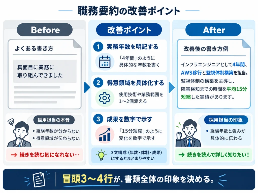職務経歴書の職務要約をBefore・Afterで比較し、実務年数・得意領域・成果を盛り込む改善ポイントを示した図解